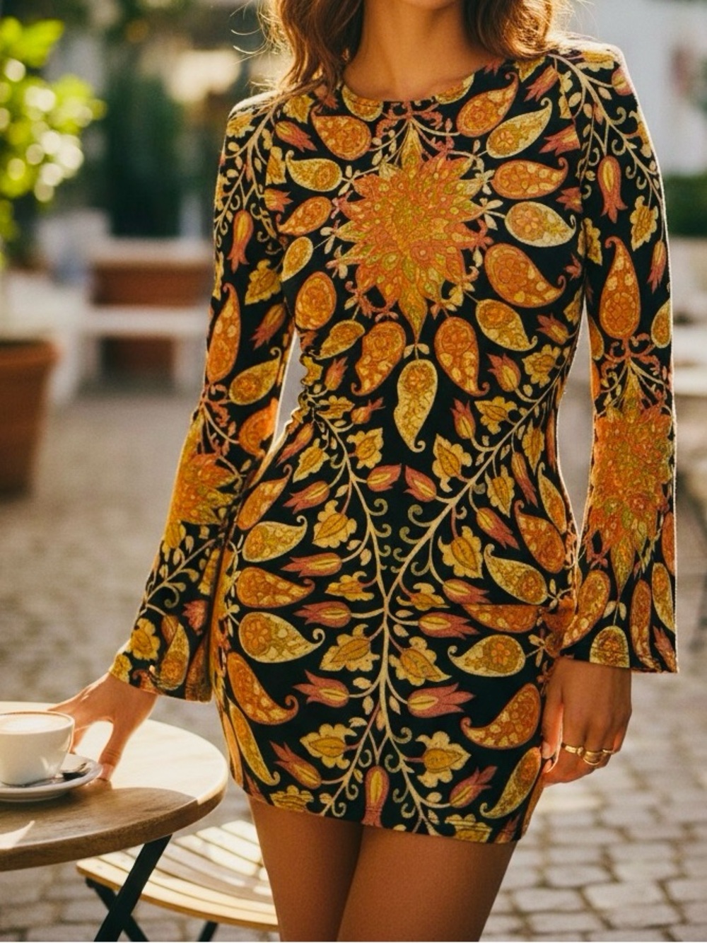 Zara Retro Golden Paisley Long Sleeve Open Back Mini Dress
